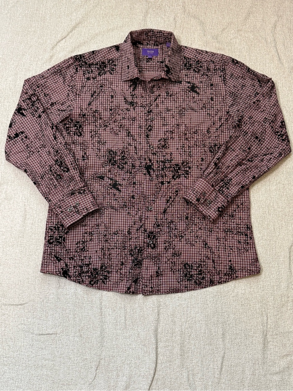 Tallia Mens L 16.5 Burgundy Abstract Print Button Up Shirt Y2K Indie